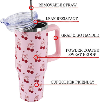 Floral Lemon Tumbler with Handle and Straw Lid 40 oz,Cute Spring Summer Gift for Women Men Lemon Leaves Vacuum Insulated Leak Proof Stainless Steel Coffee Cup Mug