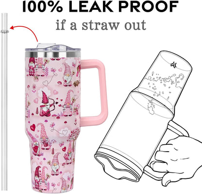Floral Lemon Tumbler with Handle and Straw Lid 40 oz,Cute Spring Summer Gift for Women Men Lemon Leaves Vacuum Insulated Leak Proof Stainless Steel Coffee Cup Mug