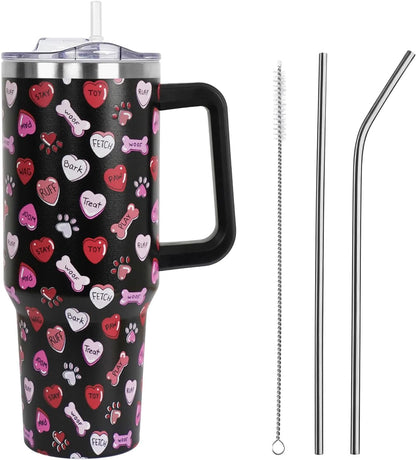 Floral Lemon Tumbler with Handle and Straw Lid 40 oz,Cute Spring Summer Gift for Women Men Lemon Leaves Vacuum Insulated Leak Proof Stainless Steel Coffee Cup Mug