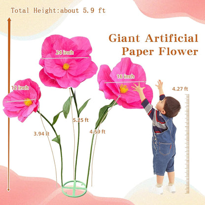 5.9 Ft Large Paper Artificial Flowers,Giant Flowers for Decoration,Standing Huge Handcrafted Poppy Flowers for Garden,Hotel,Office,Photography Props,Wedding,Art Gallery,Shop Window Display(B-Red)