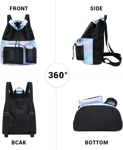 Large Mesh Drawstring Backpack with Shoe Bag, Durable Swimming String Sack with Handle for Sports Gym Yoga Beach Travel