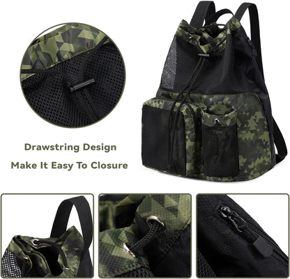 Large Mesh Drawstring Backpack with Shoe Bag, Durable Swimming String Sack with Handle for Sports Gym Yoga Beach Travel