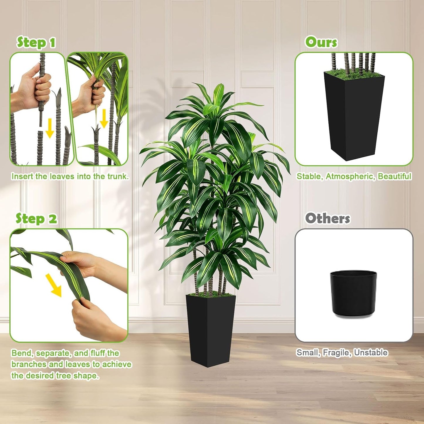 5FT Fake Plant Artificial Dracaena Tree Indoor - Faux Plants Indoor Tall with White Planter - Fake Tree Floor Plant Artificial Plants Decor for Living Room Office