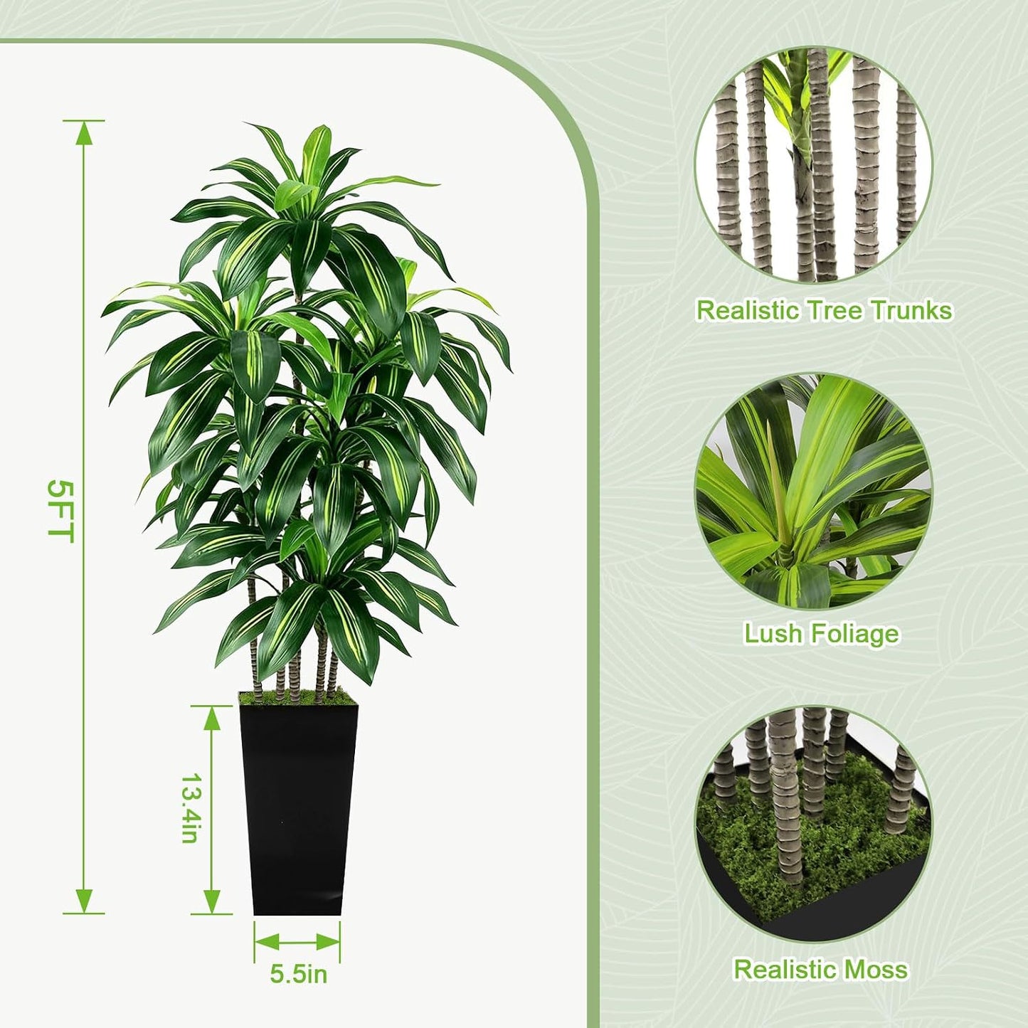 5FT Fake Plant Artificial Dracaena Tree Indoor - Faux Plants Indoor Tall with White Planter - Fake Tree Floor Plant Artificial Plants Decor for Living Room Office