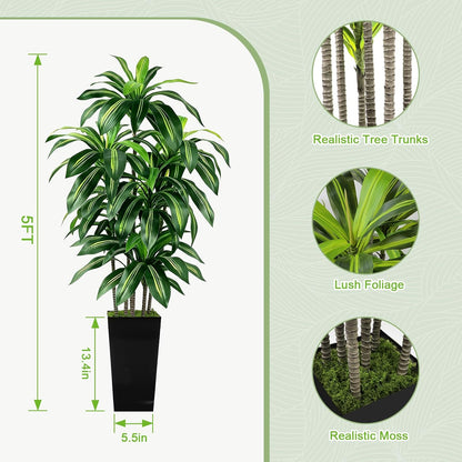 5FT Fake Plant Artificial Dracaena Tree Indoor - Faux Plants Indoor Tall with White Planter - Fake Tree Floor Plant Artificial Plants Decor for Living Room Office