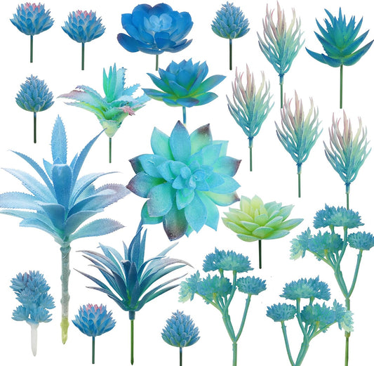 21 PCS Artificial Succulent Plants, Blue Fake Succulent, Unpotted Faux Succulent Assortment in Flocked Blue in Different Type for Birthday Home Decor Indoor Wall Garden DIY