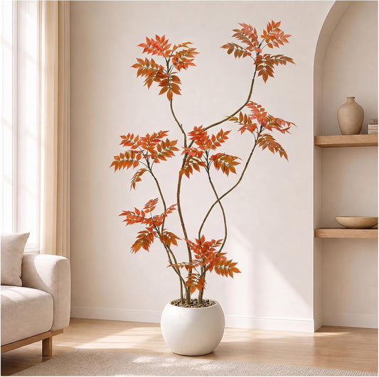 Artificial Sumac Tree 6FT, Tall Fake Plant Indoor with Pot, Realistic Faux Tree for Living Room Bedroom Office Corner Decor, Artificial Mahonia Fortunei Tree Housewarming