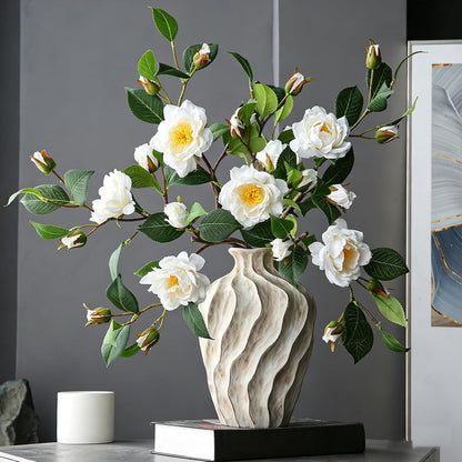 Artificial Fake Camellia Flowers Stems for Vase Decoration Faux Silk White Camellia Realistic for Indoor Living Room Bathroom Dining Room