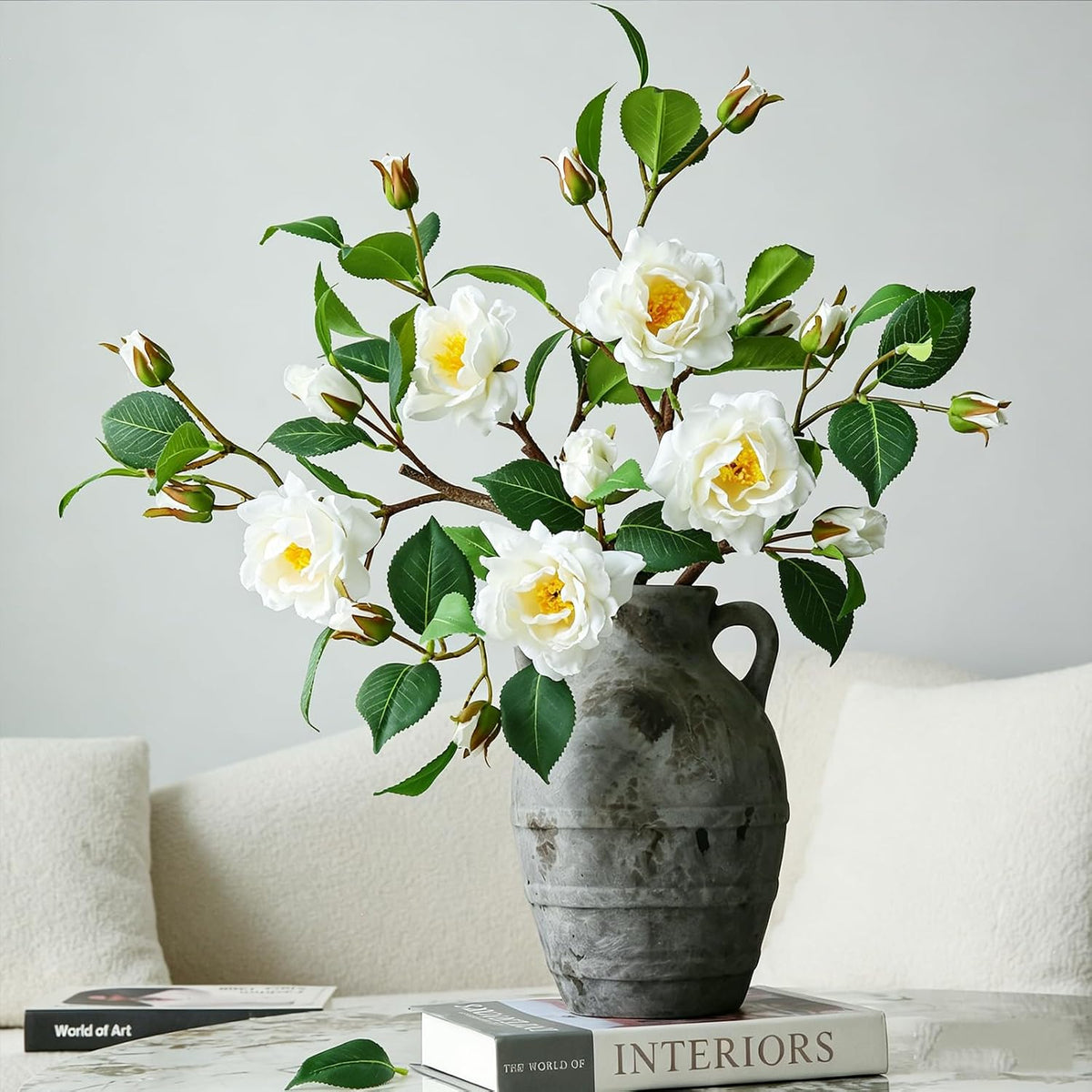 Artificial Fake Camellia Flowers Stems for Vase Decoration Faux Silk White Camellia Realistic for Indoor Living Room Bathroom Dining Room
