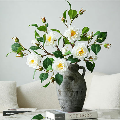 Artificial Fake Camellia Flowers Stems for Vase Decoration Faux Silk White Camellia Realistic for Indoor Living Room Bathroom Dining Room