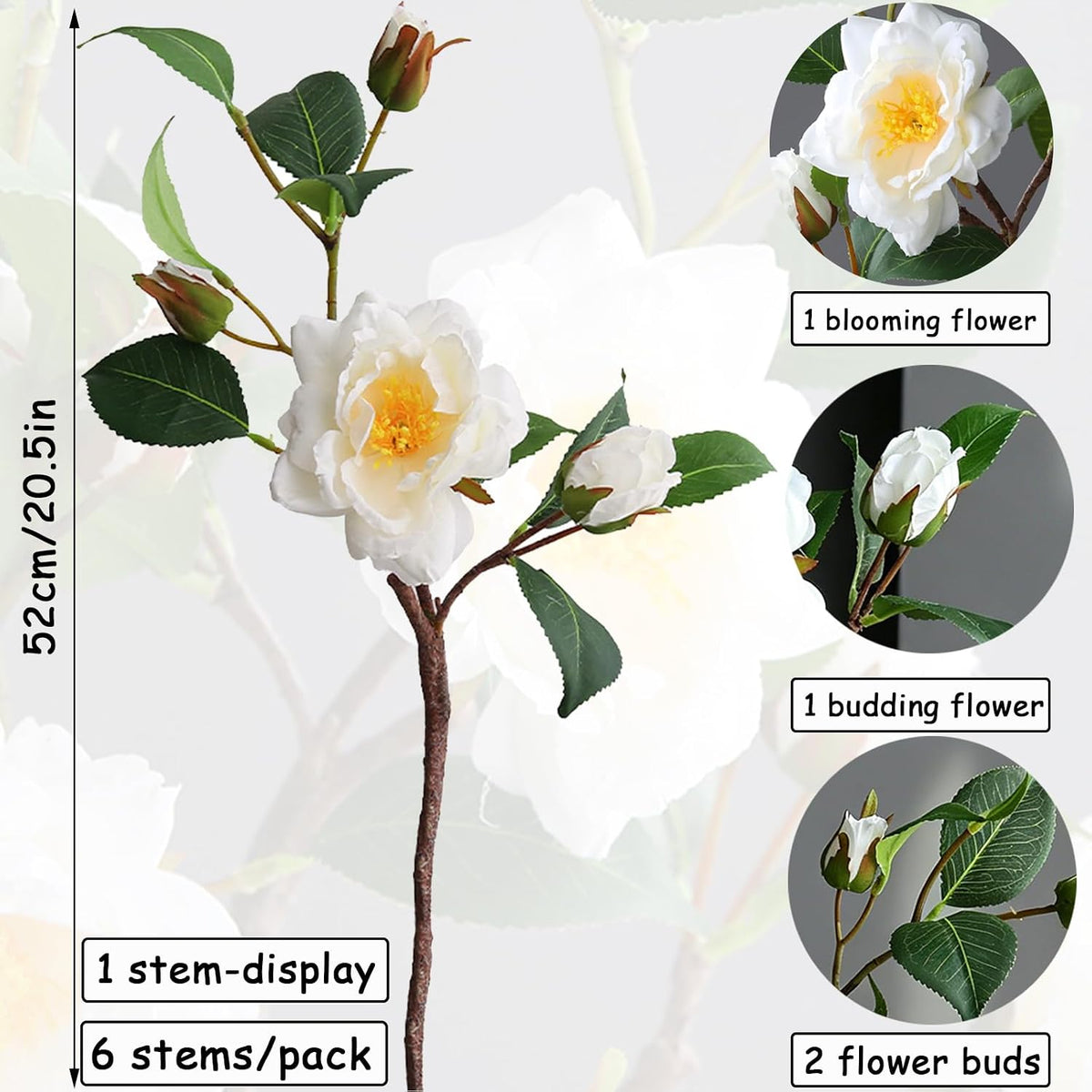Artificial Fake Camellia Flowers Stems for Vase Decoration Faux Silk White Camellia Realistic for Indoor Living Room Bathroom Dining Room