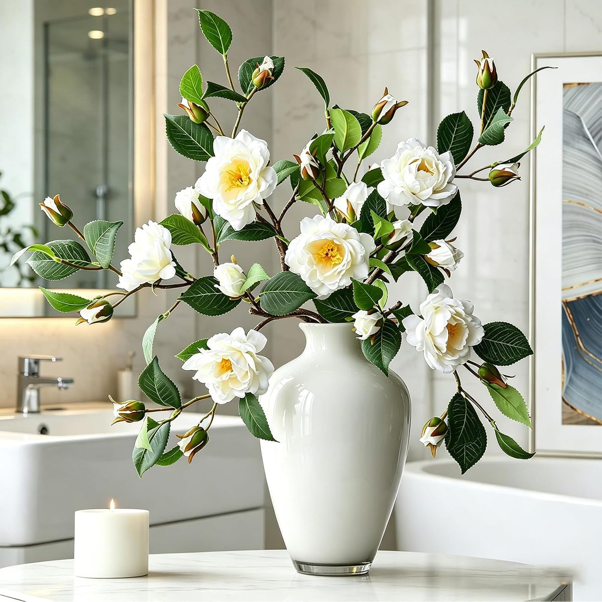 Artificial Fake Camellia Flowers Stems for Vase Decoration Faux Silk White Camellia Realistic for Indoor Living Room Bathroom Dining Room
