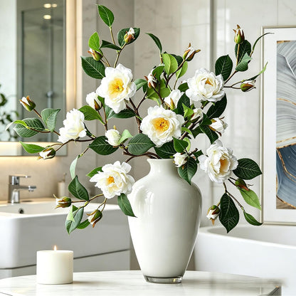 Artificial Fake Camellia Flowers Stems for Vase Decoration Faux Silk White Camellia Realistic for Indoor Living Room Bathroom Dining Room