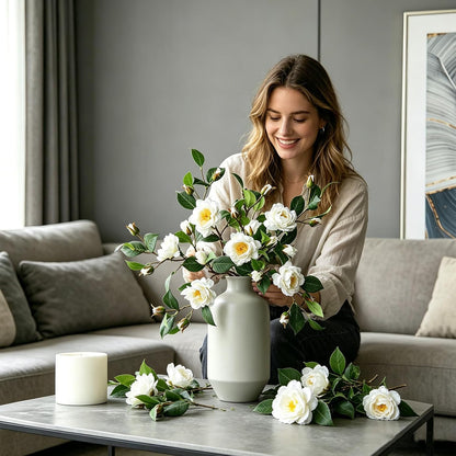 Artificial Fake Camellia Flowers Stems for Vase Decoration Faux Silk White Camellia Realistic for Indoor Living Room Bathroom Dining Room