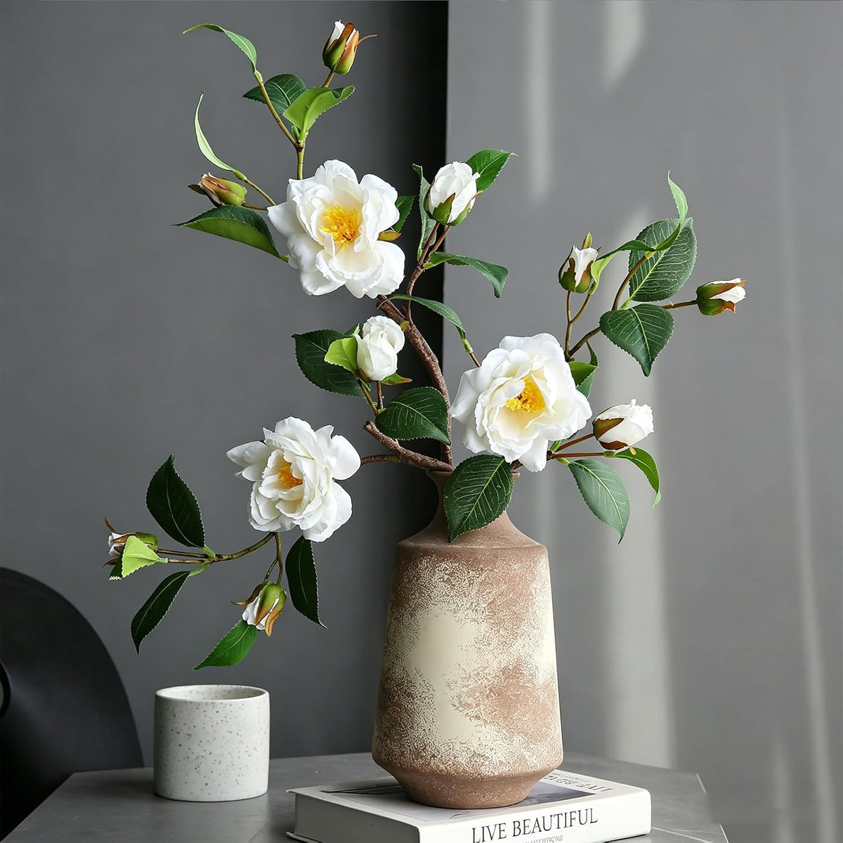 Artificial Fake Camellia Flowers Stems for Vase Decoration Faux Silk White Camellia Realistic for Indoor Living Room Bathroom Dining Room