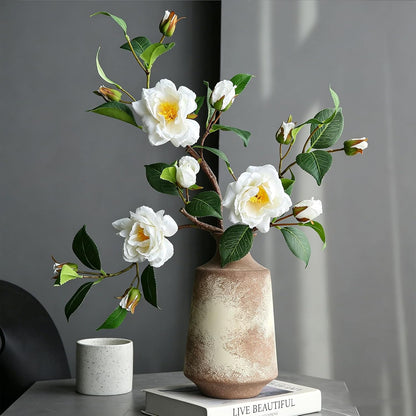 Artificial Fake Camellia Flowers Stems for Vase Decoration Faux Silk White Camellia Realistic for Indoor Living Room Bathroom Dining Room