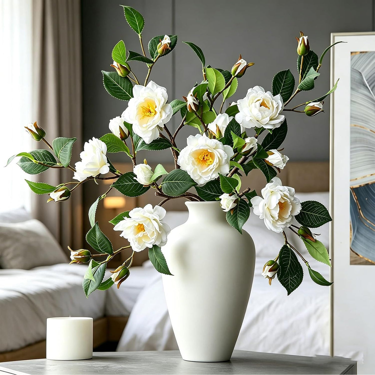Artificial Fake Camellia Flowers Stems for Vase Decoration Faux Silk White Camellia Realistic for Indoor Living Room Bathroom Dining Room
