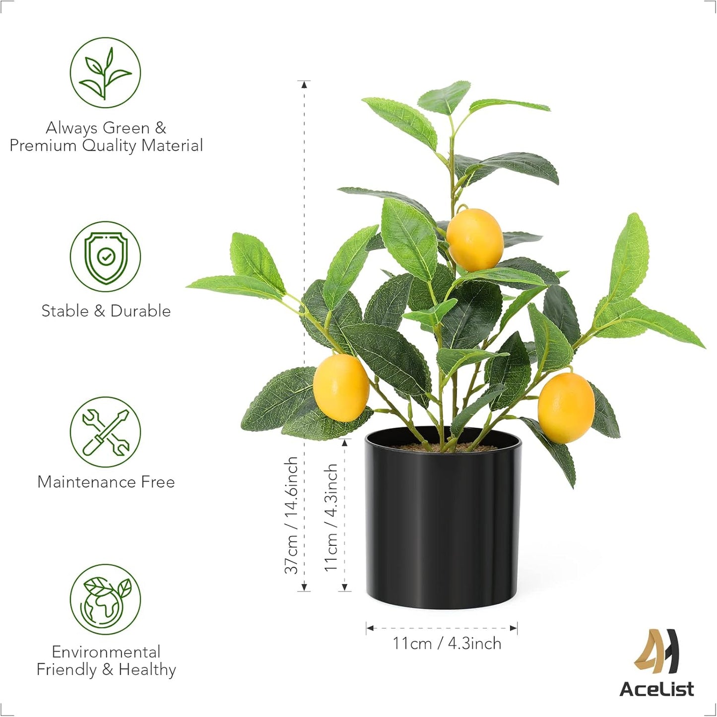 Faux Lemon Tree for Kitchen Decor, 14.6 Inch Fake Lemon Citrus Tree with White Pot, Artificial Plant Indoor for Home Office Desk