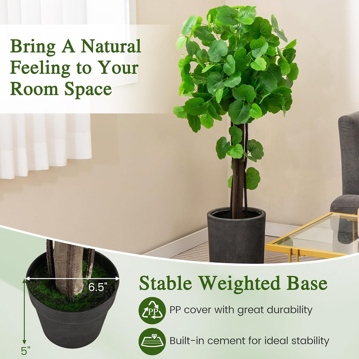 44” Artificial Crabapple Tree, Potted Fake Tree with Wood Trunk & PE rattans, Lush Mosses, Faux Greenery Plant in Pot with Adjustable Branches for Home Office Porch