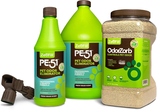 ® Artificial Turf Cleaner & Pet Odor Eliminator Premium Bundle – 8LBS OdorZorb, 1 Gal PE-51, 32oz PE-51 w/Nozzle – for Turf, Grass, Litter Box – Organic & Natural