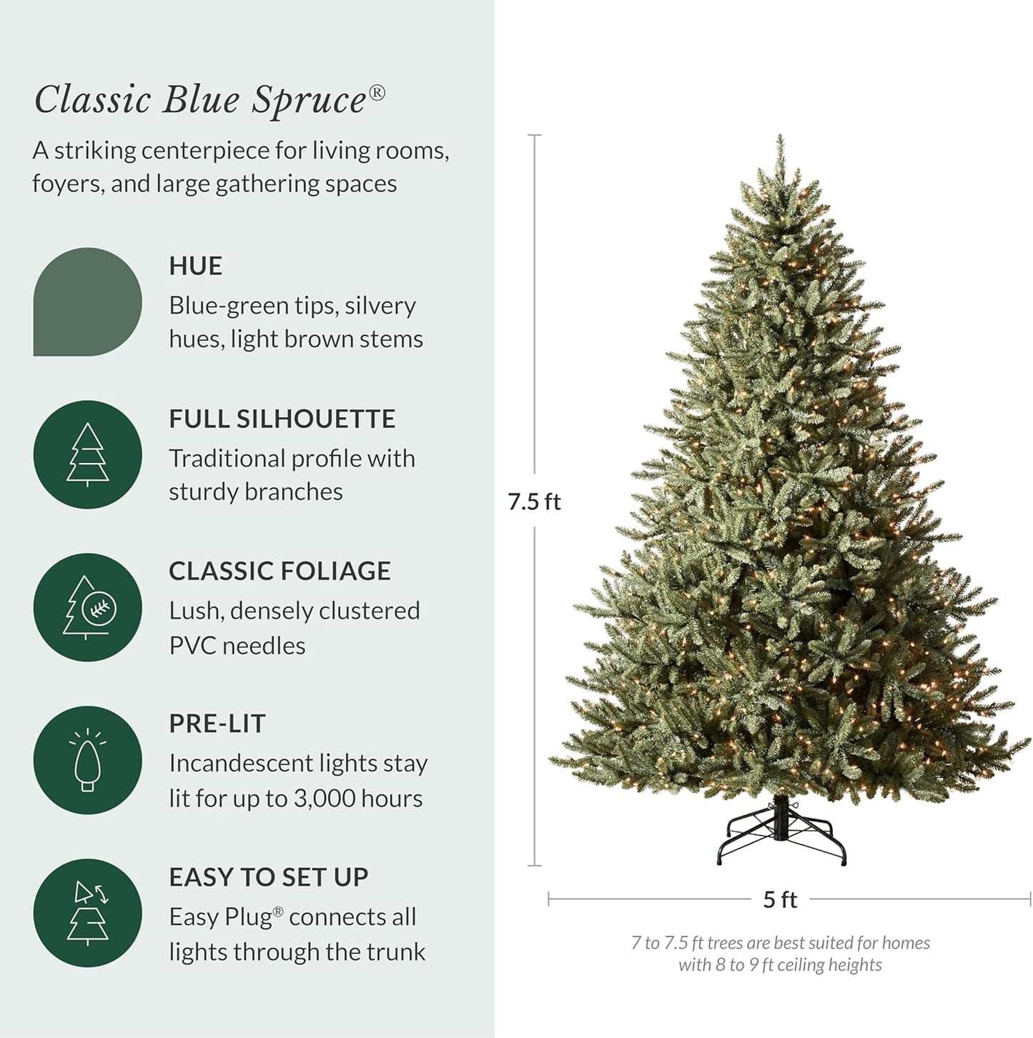 6.5ft Pre-Lit Classic Blue Spruce - Artificial Christmas Tree with 2,144+ Tips, 700 Clear LED Lights, Easy Plug Technology & Premium Stand for Indoor Holiday Decorating