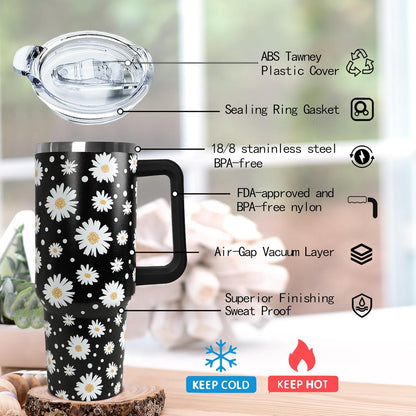Ceovfoi 40 oz Lemon Print Stainless Steel Tumbler With Lid and Straw - Yellow Coffee Travel Mug Cup Water Bottle - Gifts for Lemon Lovers