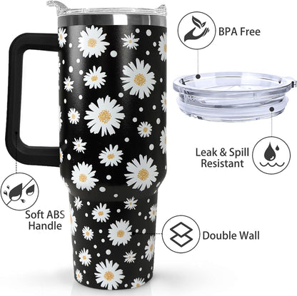 Ceovfoi 40 oz Lemon Print Stainless Steel Tumbler With Lid and Straw - Yellow Coffee Travel Mug Cup Water Bottle - Gifts for Lemon Lovers