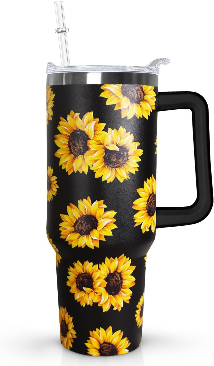 Ceovfoi 40 oz Lemon Print Stainless Steel Tumbler With Lid and Straw - Yellow Coffee Travel Mug Cup Water Bottle - Gifts for Lemon Lovers