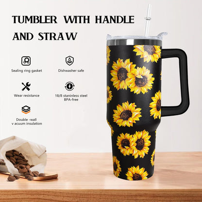 Ceovfoi 40 oz Lemon Print Stainless Steel Tumbler With Lid and Straw - Yellow Coffee Travel Mug Cup Water Bottle - Gifts for Lemon Lovers