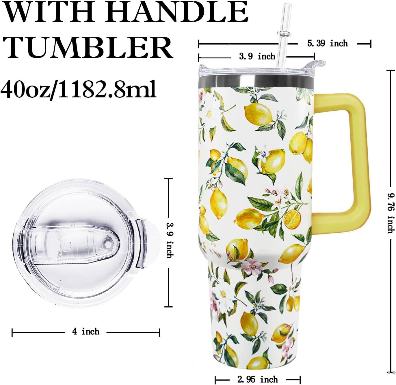 Ceovfoi 40 oz Lemon Print Stainless Steel Tumbler With Lid and Straw - Yellow Coffee Travel Mug Cup Water Bottle - Gifts for Lemon Lovers