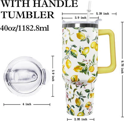 Ceovfoi 40 oz Lemon Print Stainless Steel Tumbler With Lid and Straw - Yellow Coffee Travel Mug Cup Water Bottle - Gifts for Lemon Lovers