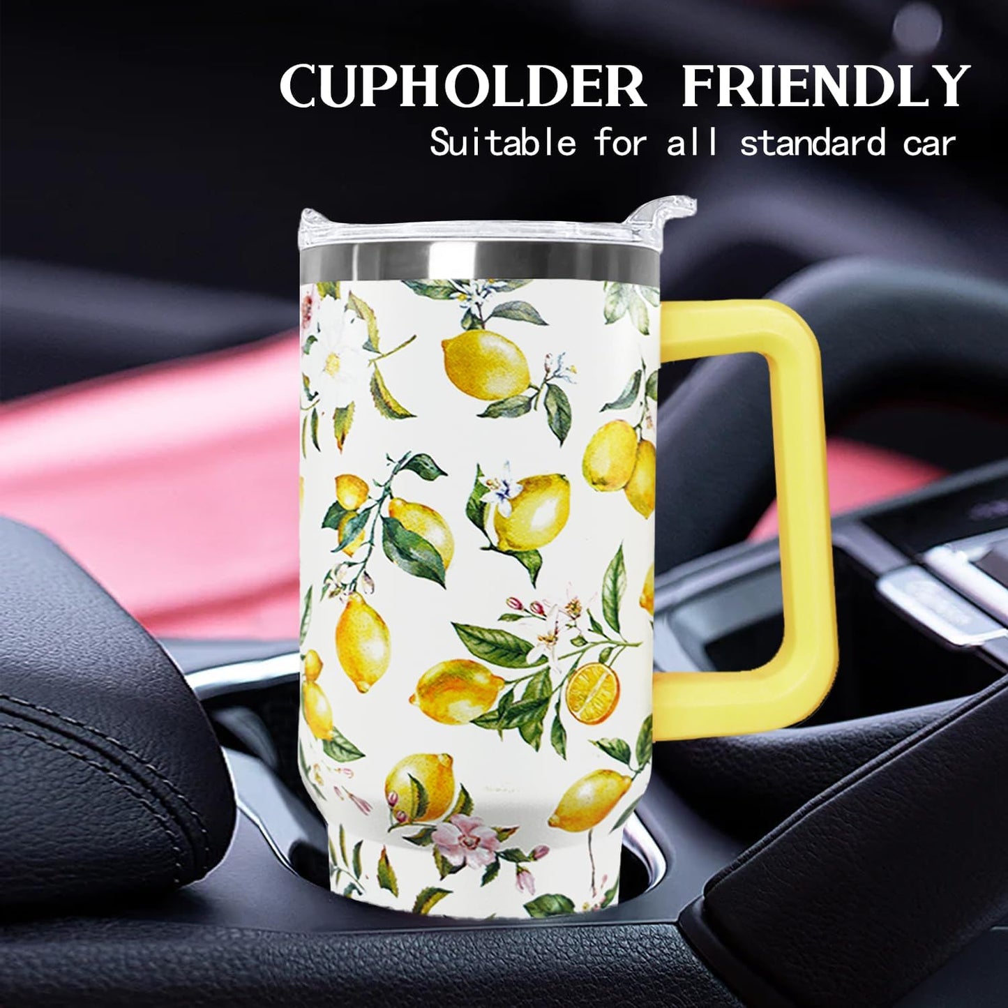 Ceovfoi 40 oz Lemon Print Stainless Steel Tumbler With Lid and Straw - Yellow Coffee Travel Mug Cup Water Bottle - Gifts for Lemon Lovers