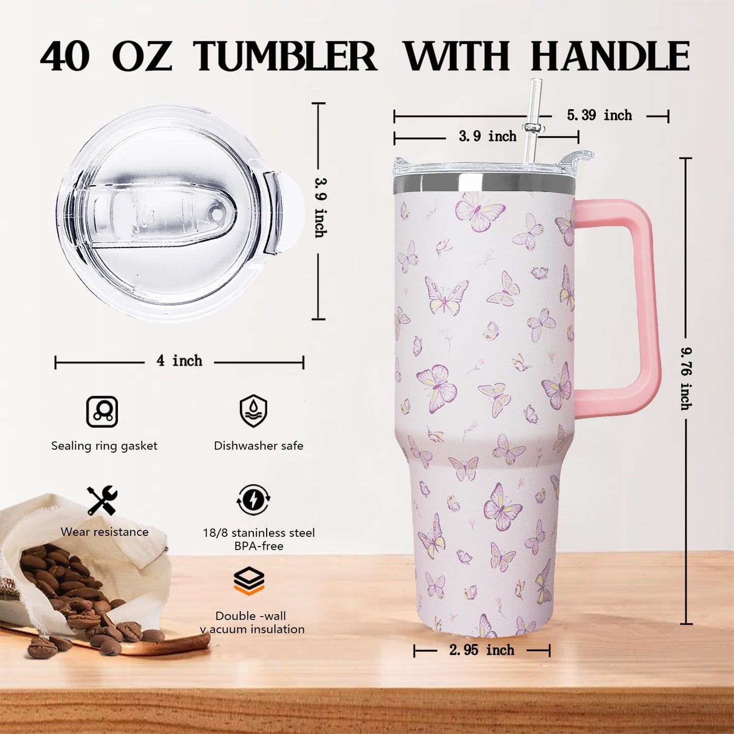 Ceovfoi 40 oz Lemon Print Stainless Steel Tumbler With Lid and Straw - Yellow Coffee Travel Mug Cup Water Bottle - Gifts for Lemon Lovers