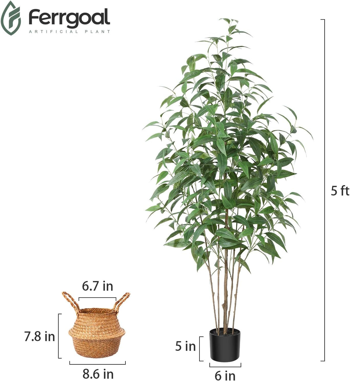 5Ft Artificial Eucalyptus Plant with Basket & Silk Leaves