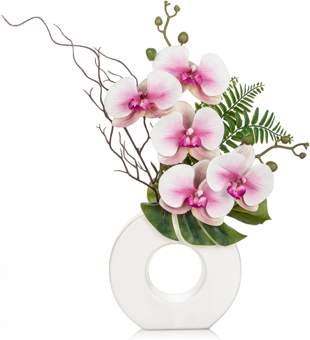 Orchid Artificial Flowers in White Ceramic Vase, 16.1''