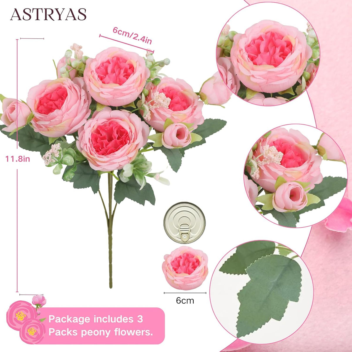 Artificial Peony Flowers, Light Pink Silk Fake Peonies Bouquet