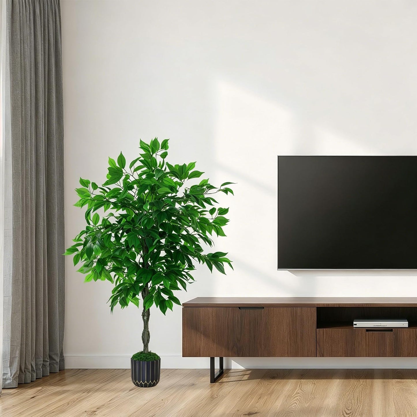 Artificial Ficus Tree 4FT Tall, Artificial Plants Indoor with Black Planter Faux Ficus Tree Realistic Faux Silk Plant for Home Office Living Room, Porch, Garden Decor