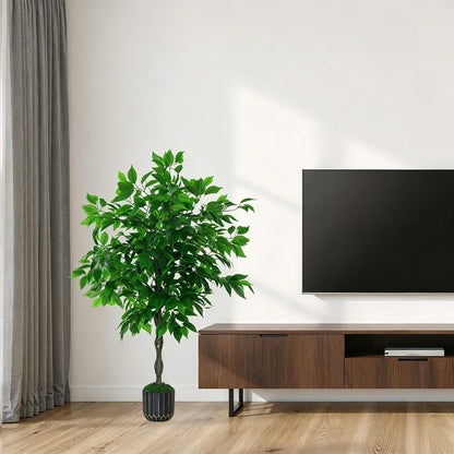 Artificial Ficus Tree 4FT Tall, Artificial Plants Indoor with Black Planter Faux Ficus Tree Realistic Faux Silk Plant for Home Office Living Room, Porch, Garden Decor