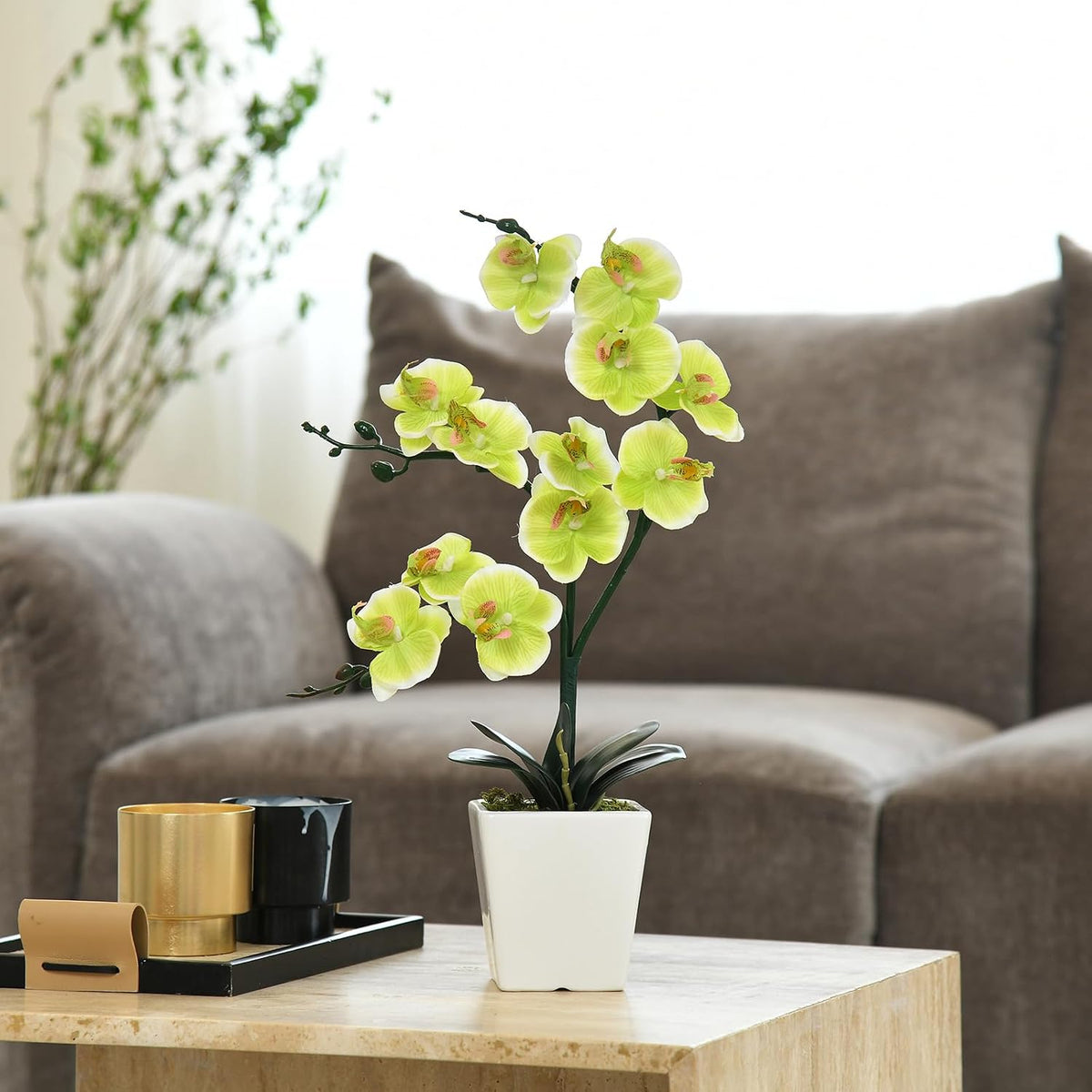 15" Silk Phalaenopsis Orchid in Square Pot, Orange Flower Plant Arrangement