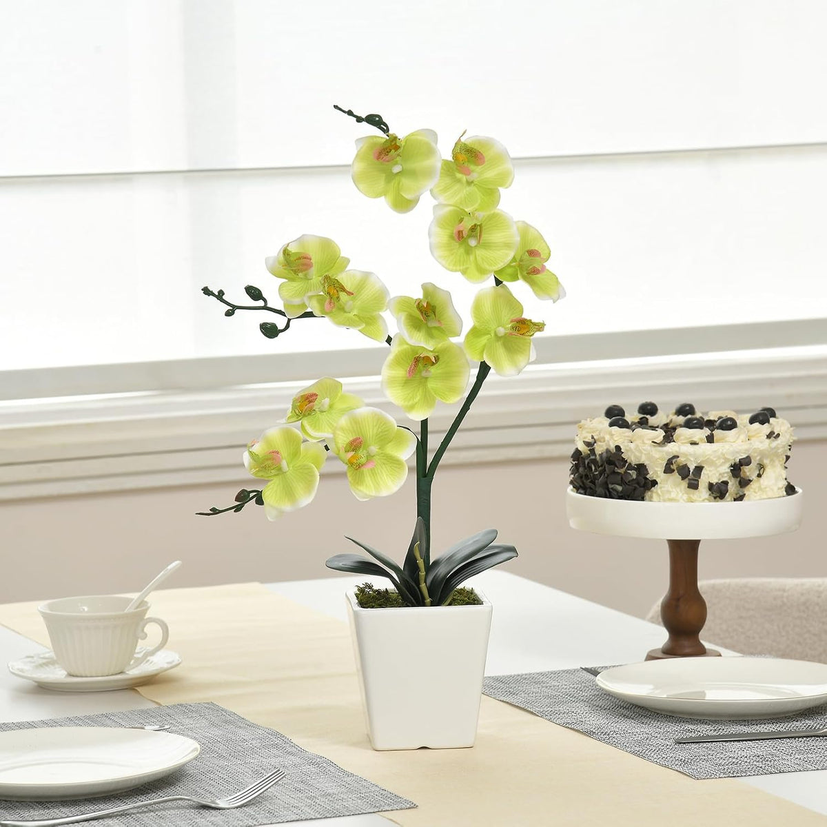15" Silk Phalaenopsis Orchid in Square Pot, Orange Flower Plant Arrangement