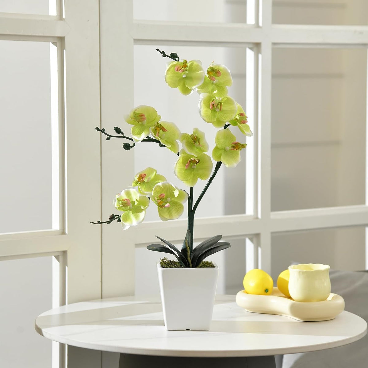 15" Silk Phalaenopsis Orchid in Square Pot, Orange Flower Plant Arrangement