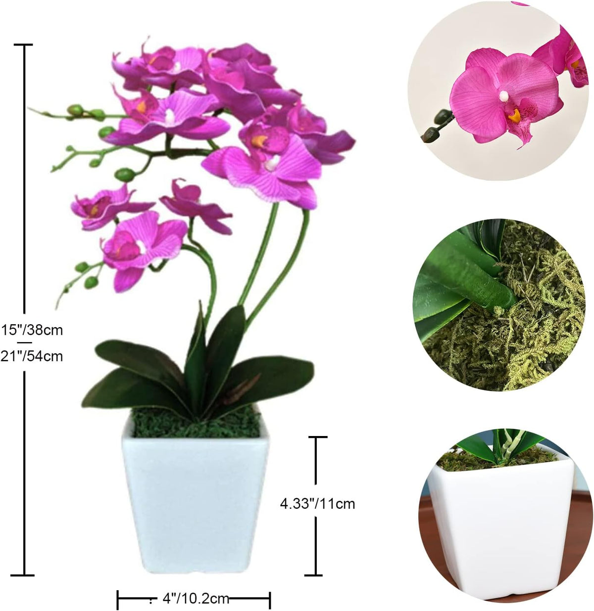 15" Silk Phalaenopsis Orchid in Square Pot, Orange Flower Plant Arrangement