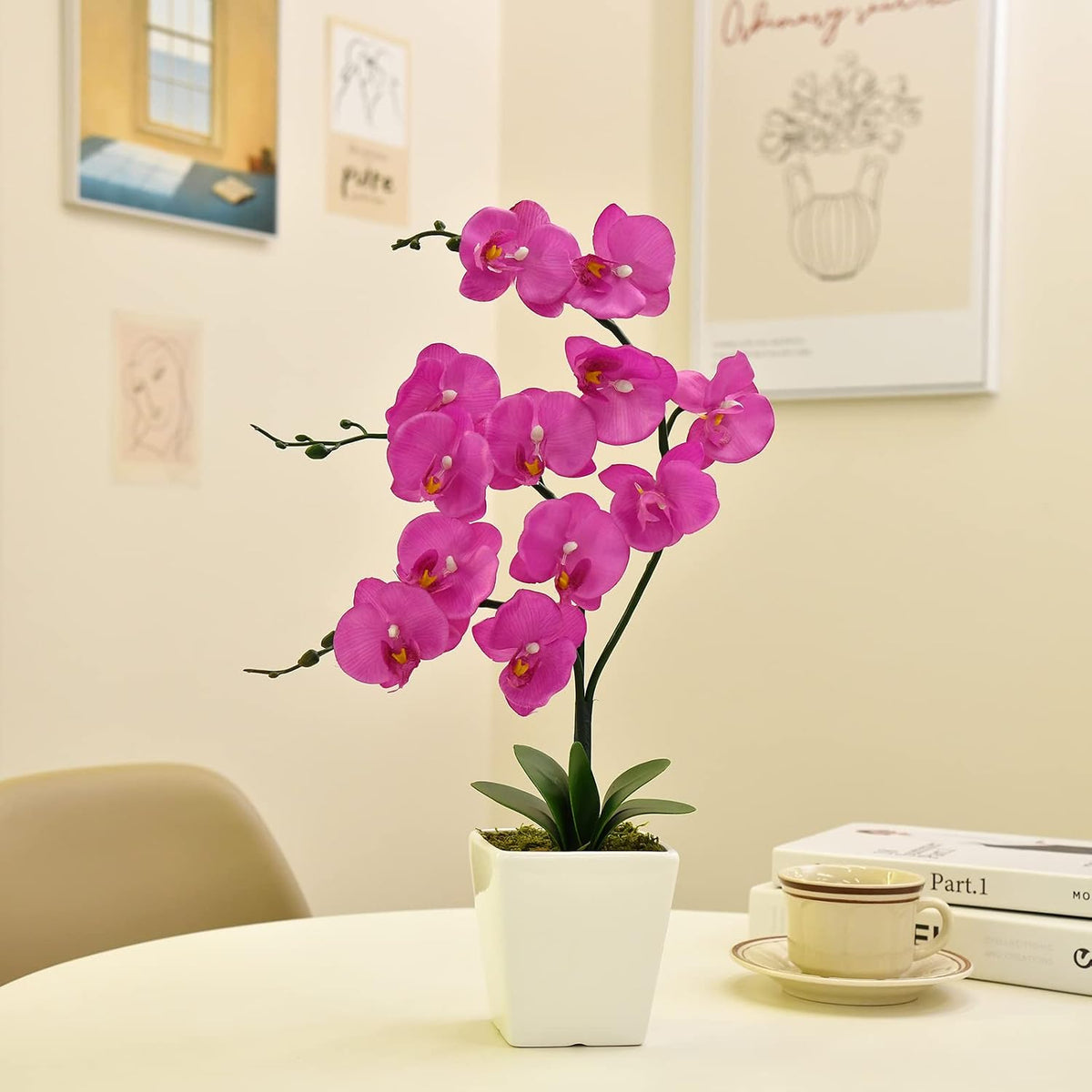 15" Silk Phalaenopsis Orchid in Square Pot, Orange Flower Plant Arrangement