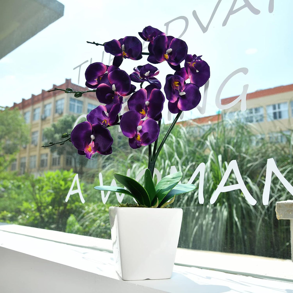 15" Silk Phalaenopsis Orchid in Square Pot, Orange Flower Plant Arrangement