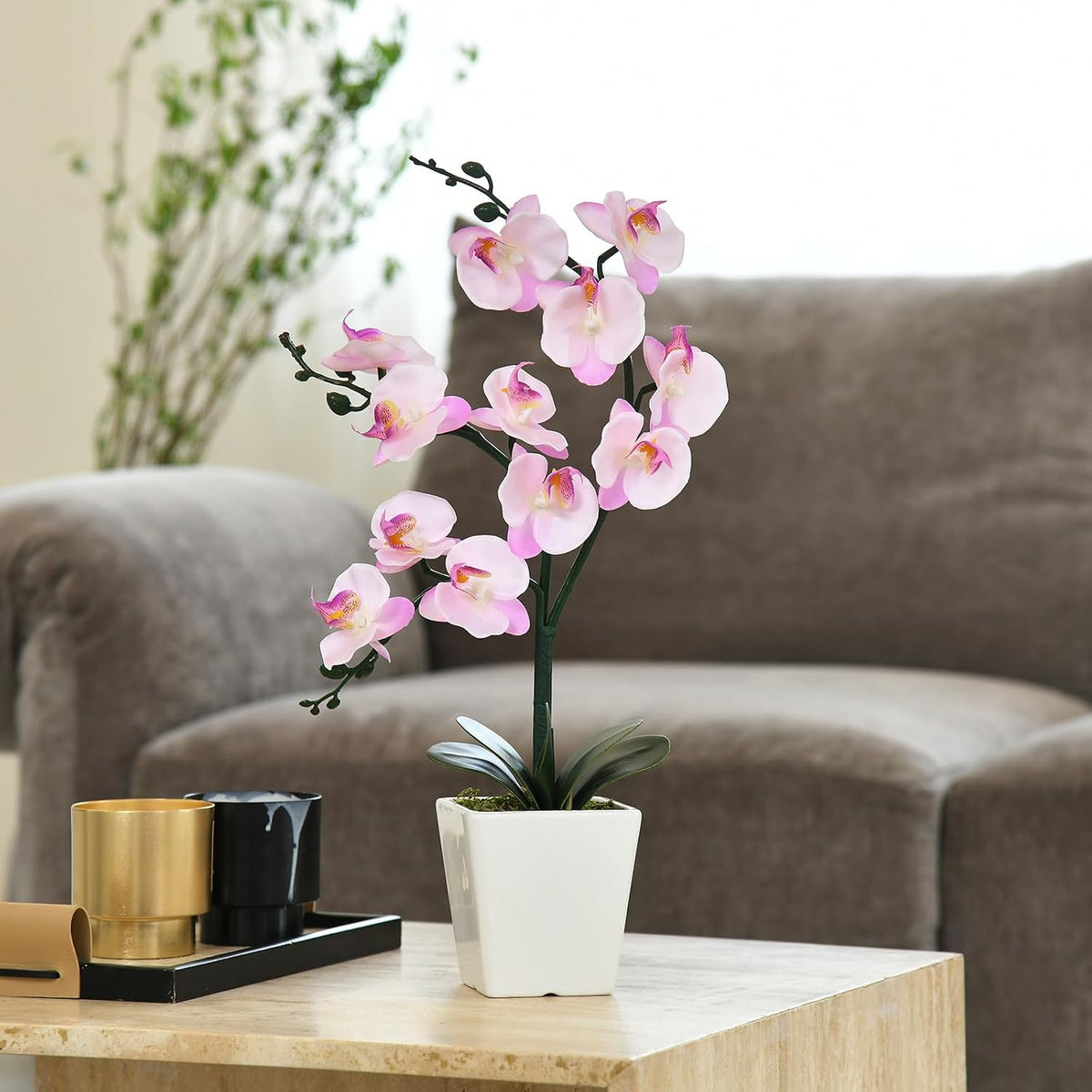 15" Silk Phalaenopsis Orchid in Square Pot, Orange Flower Plant Arrangement