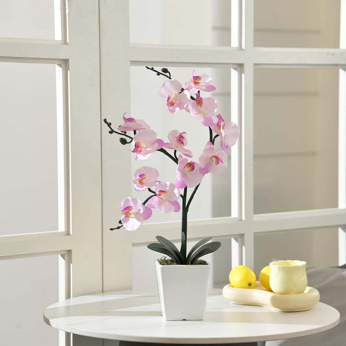 15" Silk Phalaenopsis Orchid in Square Pot, Orange Flower Plant Arrangement