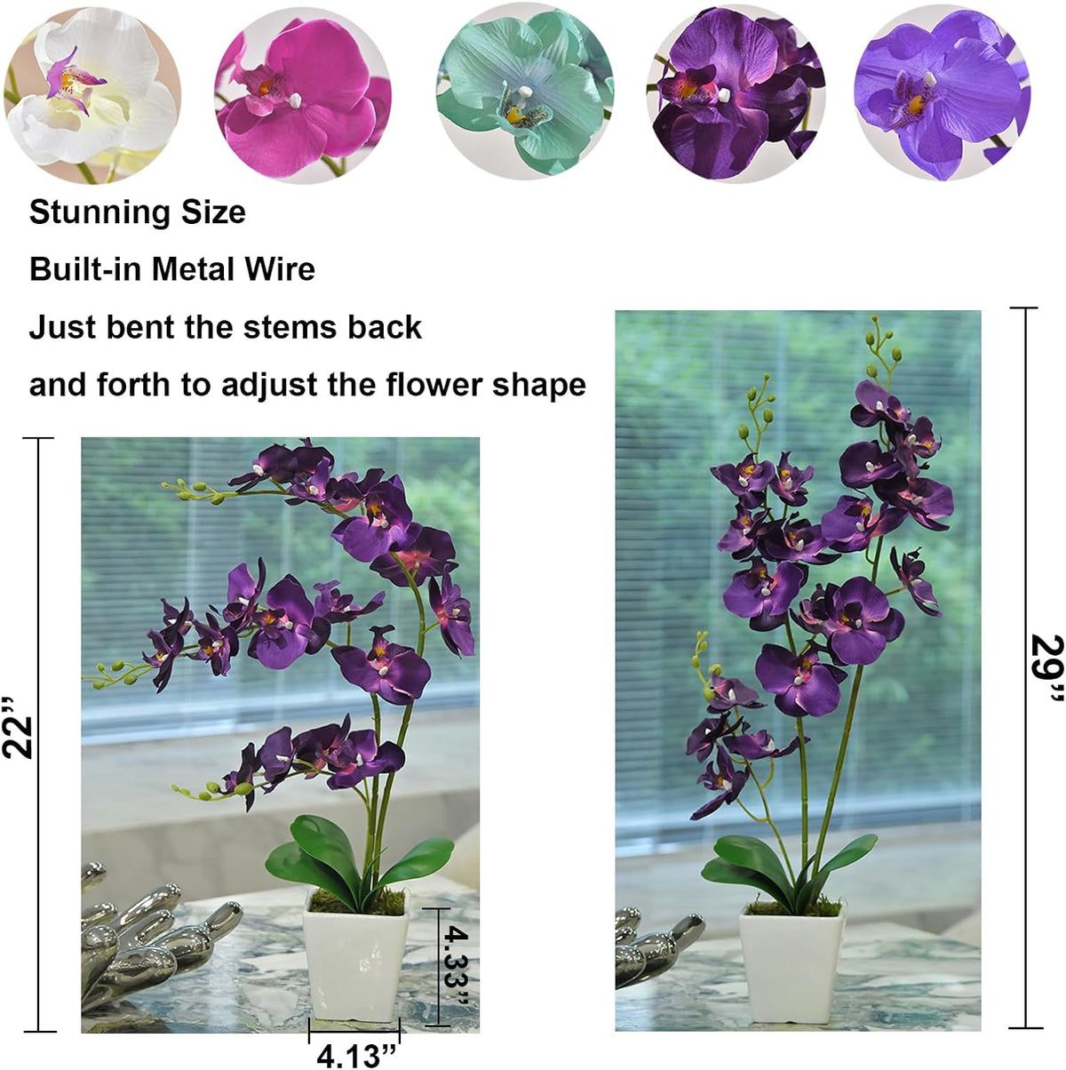 15" Silk Phalaenopsis Orchid in Square Pot, Orange Flower Plant Arrangement