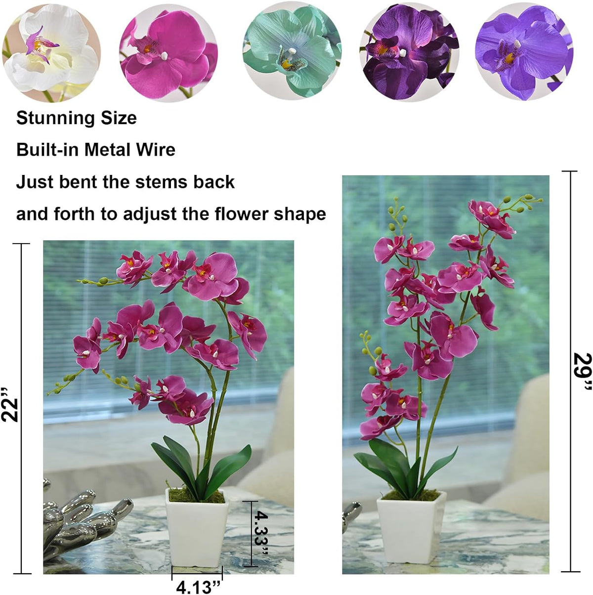 15" Silk Phalaenopsis Orchid in Square Pot, Orange Flower Plant Arrangement