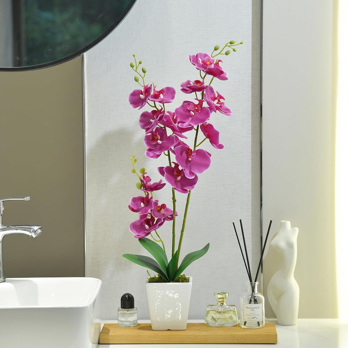 15" Silk Phalaenopsis Orchid in Square Pot, Orange Flower Plant Arrangement