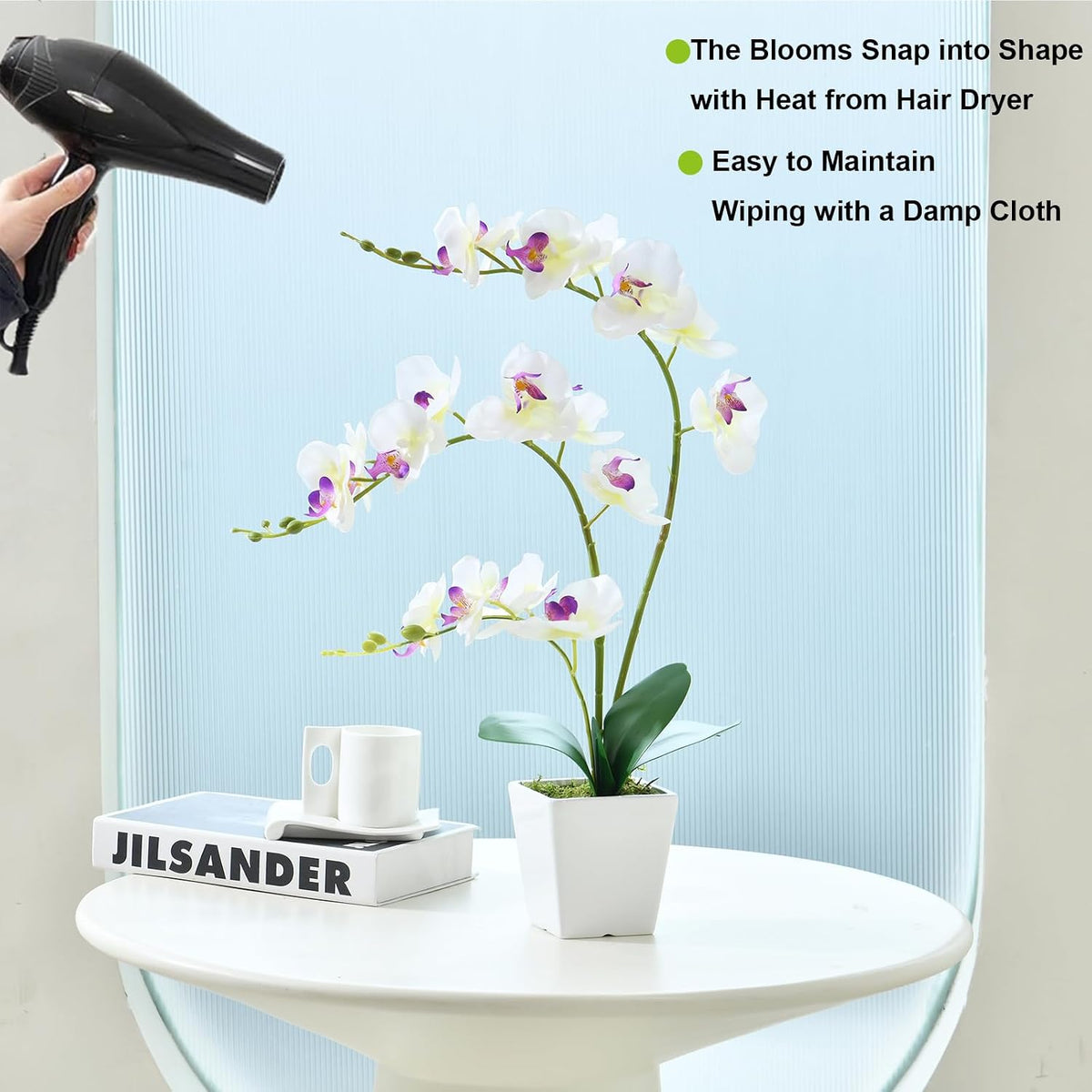 15" Silk Phalaenopsis Orchid in Square Pot, Orange Flower Plant Arrangement